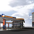 Modern Gas Station Building With Fuel Pumps White Car And Parking Area Under Blue Sky