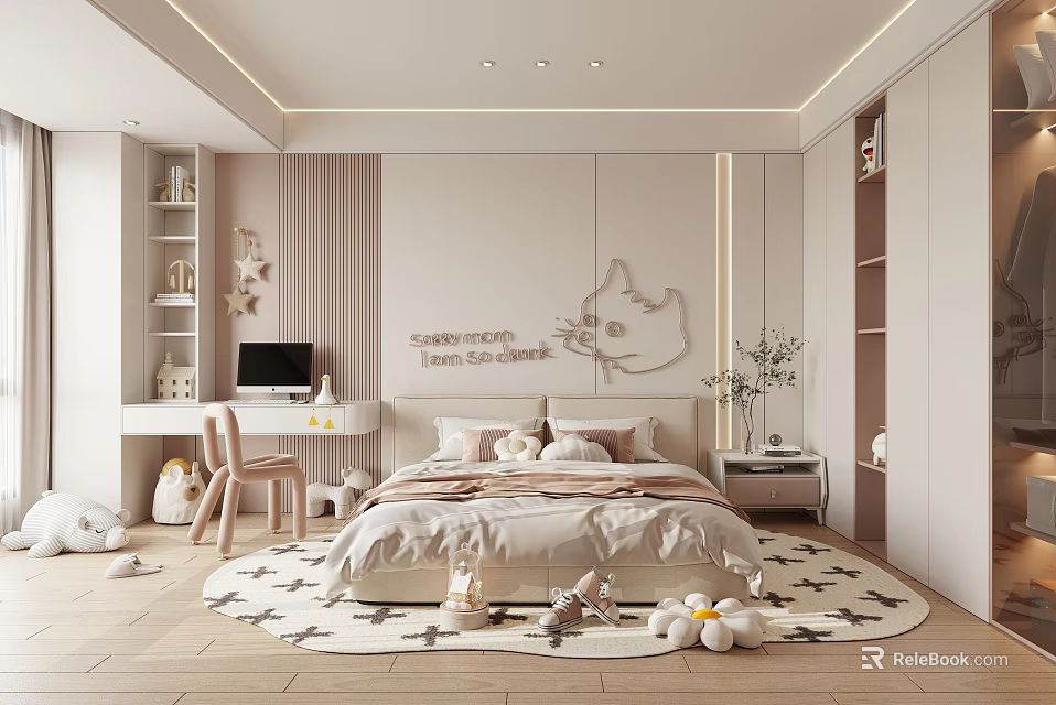 Cozy Kids Room Interior With Bed Desk Computer And Cartoon Wall Decor 3d model 