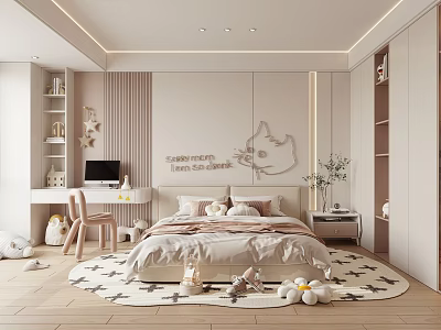 Cozy Kids Room Interior With Bed Desk Computer And Cartoon Wall Decor 3d model