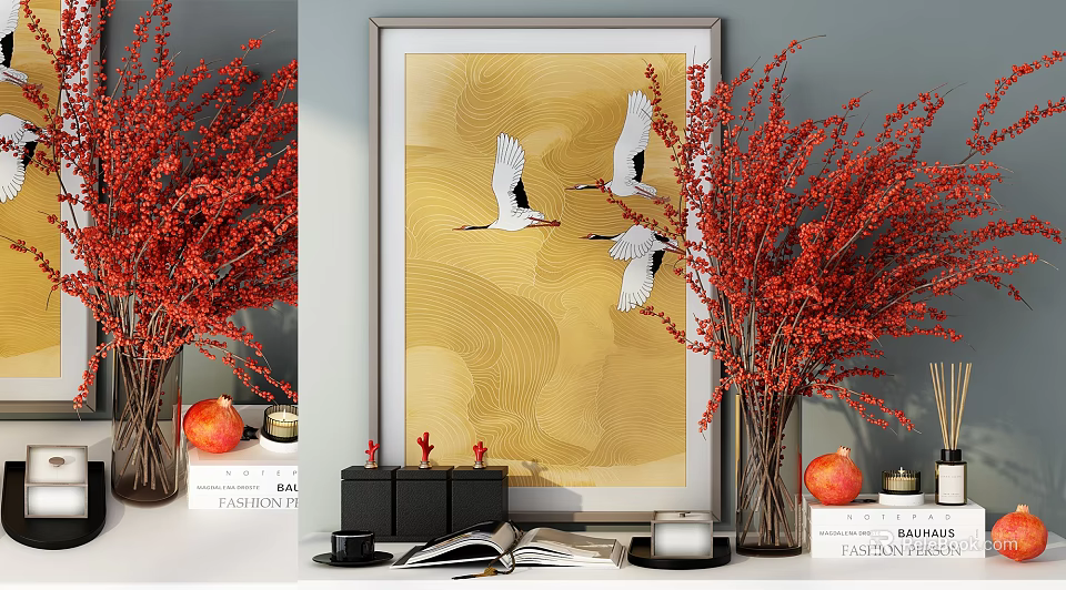 Decorative Ornament Set With Red Floral Arrangement Crane Art Golden Background Pomegranate And Books 3d model 