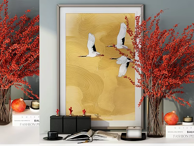Decorative Ornament Set With Red Floral Arrangement Crane Art Golden Background Pomegranate And Books 3d model