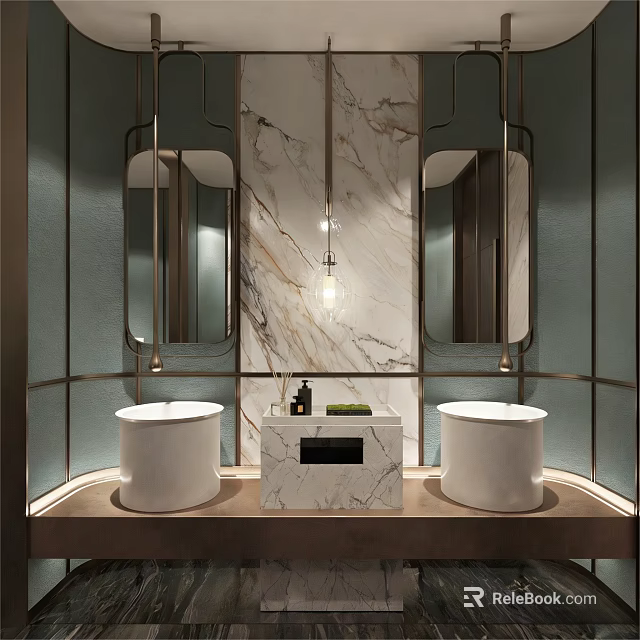 Luxury Bathroom Interior With Marble Walls Double Sinks And Mirrored Vanity 3d model 