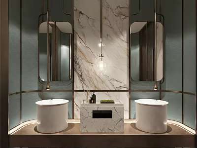Luxury Bathroom Interior With Marble Walls Double Sinks And Mirrored Vanity 3d model