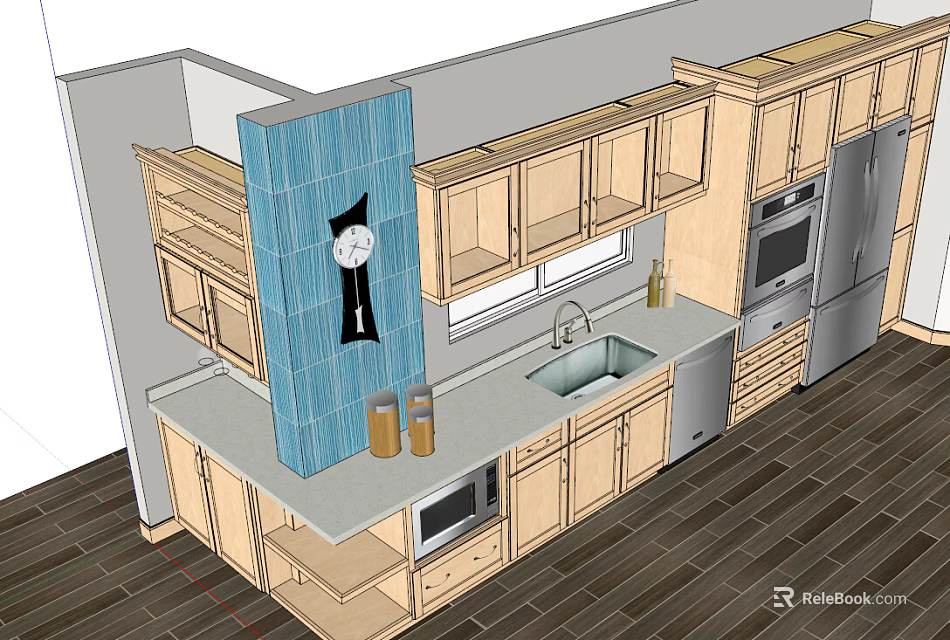 Modern Kitchen With Light Wood Cabinets Gray Countertop Blue Accent Wall And Clock 3d model 