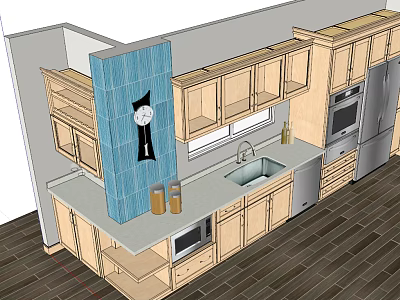 Modern Kitchen With Light Wood Cabinets Gray Countertop Blue Accent Wall And Clock 3d model