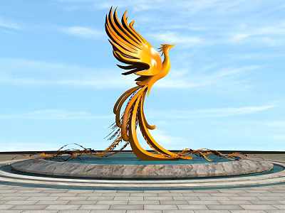 Road Facilities With Golden Phoenix Sculpture Circular Stone Platform Water Pool And Stone Pavement 3d model