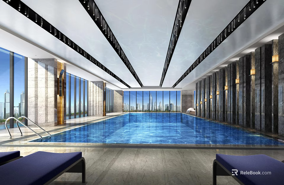 Luxurious Indoor Swimming Pool With Large Windows Blue Water And Lounge Chairs 3d model 