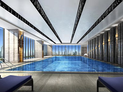 Luxurious Indoor Swimming Pool With Large Windows Blue Water And Lounge Chairs 3d model