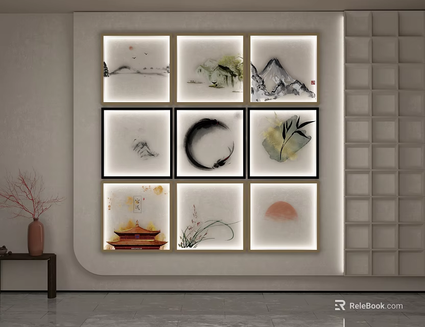 Traditional Chinese Ink Paintings Wall Art With Landscape Plant And Architecture Elements In Modern Interior 3d model 