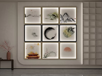 Traditional Chinese Ink Paintings Wall Art With Landscape Plant And Architecture Elements In Modern Interior 3d model