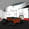 Modern Billiard Room Interior With Circular Skylight Pool Table Black Rug And Red Seating 3d model