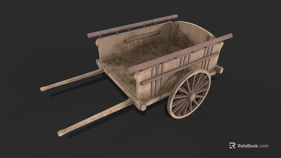 Old Fashioned Wooden Cart With Large Wheel And Rustic Wooden Structure 3d model 