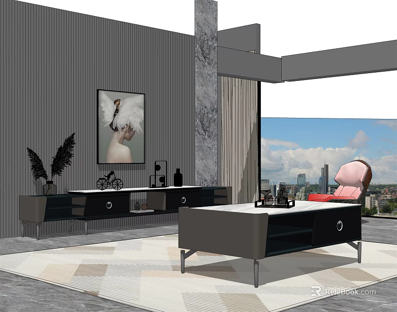 Modern Coffee Table In Living Room With Marble Top Black White Design And City View 3d model 