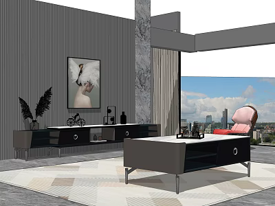 Modern Coffee Table In Living Room With Marble Top Black White Design And City View 3d model