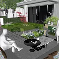Modern Building Terrace Garden Landscape With Green Lawn Shrubs And Outdoor Seating