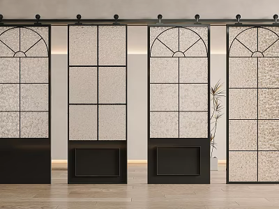 Sliding Glass Doors With Black Frame And Arched Top Grid Design For Modern Interior 3d model