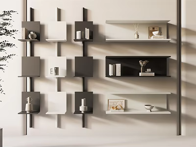 Modern Interior Wall Cabinets With Black White Grey Design And Decorative Vases Books Frames 3d model
