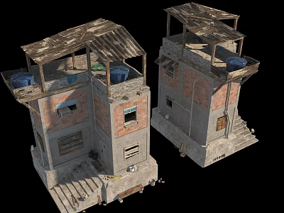 Old Shabby Brick Structures With Wooden Roofs And Small Broken Windows Doors 3d model