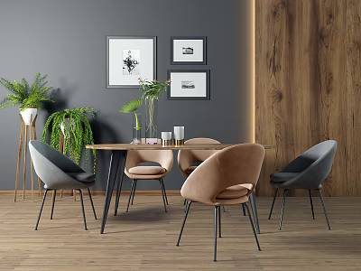 Nordic Dining Table and Chair Combination Dining Table and Chair Green Plant Combination 3d model