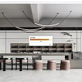 Modern Tea Room Interior With Long Table Pendant Lights Shelves And Wooden Stools
