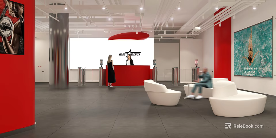 Modern Lobby Area With Red Reception Desk STAR Logo White Sofas And People Seating 3d model 
