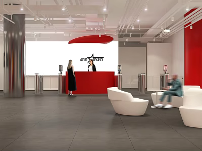 Modern Lobby Area With Red Reception Desk STAR Logo White Sofas And People Seating 3d model