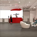 Modern Lobby Area With Red Reception Desk STAR Logo White Sofas And People Seating