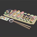 Colorful Assorted Sushi Platter With Nigiri Maki Soy Sauce Wasabi And Chopsticks