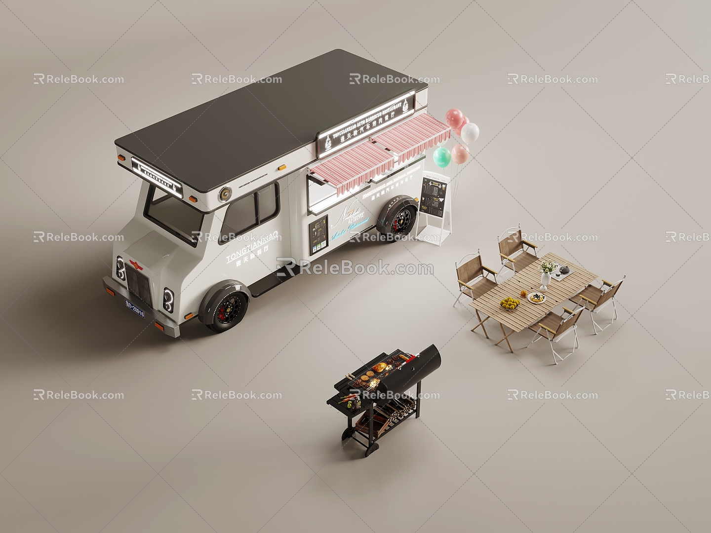 Food Truck Table and Chair Barbecue Grill Food Barbecue 3d model