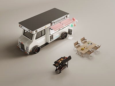 Food Truck Table and Chair Barbecue Grill Food Barbecue 3d model