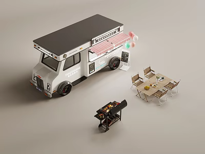 Stylish Food Truck Setup With Outdoor Dining Tables And Grill Station 3d model