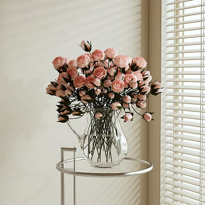 Transparent Vase With Pink Roses on Round Metal Table near Window Blinds in Natural Light 3d model