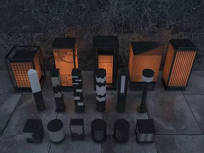 Outdoor Lights With Various Stylish Designs Illuminated By Warm Yellow Glow 3d model