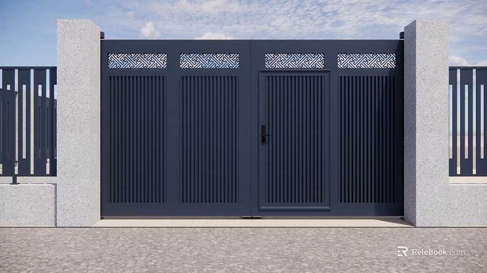 Modern Dark Blue Main Gate With Vertical Slats And Decorative Lattice Panels 3d model 
