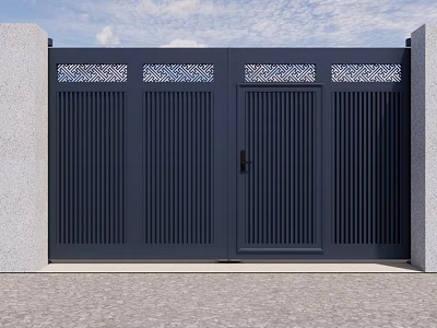 Modern Dark Blue Main Gate With Vertical Slats And Decorative Lattice Panels 3d model