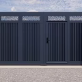 Modern Dark Blue Main Gate With Vertical Slats And Decorative Lattice Panels