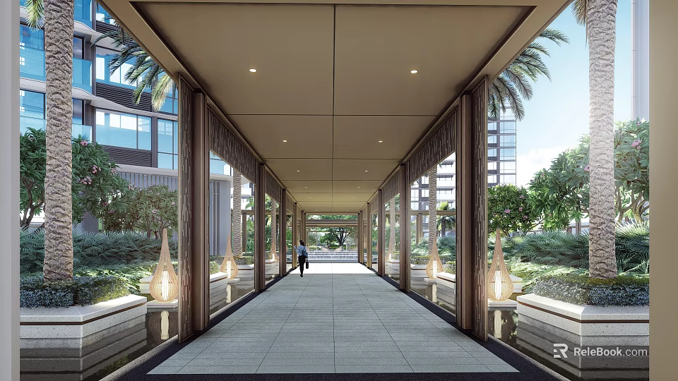 Modern Pergola Walkway With Stone Pavement Surrounded By Lush Greenery And Modern Buildings 3d model 