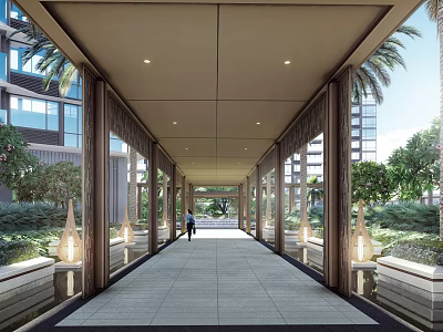Modern Pergola Walkway With Stone Pavement Surrounded By Lush Greenery And Modern Buildings 3d model