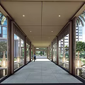 Modern Pergola Walkway With Stone Pavement Surrounded By Lush Greenery And Modern Buildings