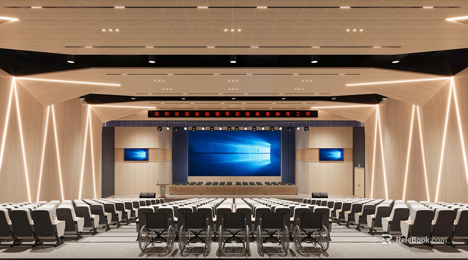 Modern Conference Room Interior Featuring Large Screen Podium Arranged Seats And Ceiling Lighting 3d model 