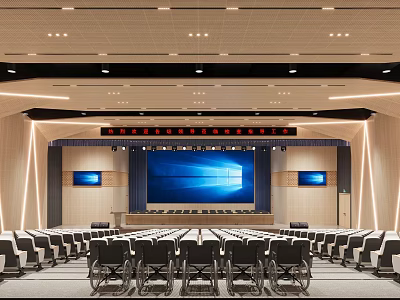Modern Conference Room Interior Featuring Large Screen Podium Arranged Seats And Ceiling Lighting 3d model