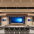 Modern Conference Room Interior Featuring Large Screen Podium Arranged Seats And Ceiling Lighting