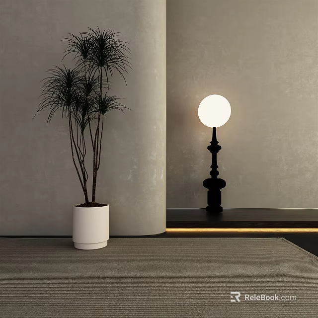 Modern Floor Lamp With Black Base And White Round Shade By Potted Plant 3d model 