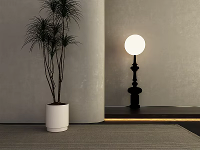 Modern Floor Lamp With Black Base And White Round Shade By Potted Plant 3d model