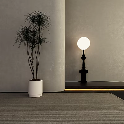 Modern Floor Lamp With Black Base And White Round Shade By Potted Plant 3d model