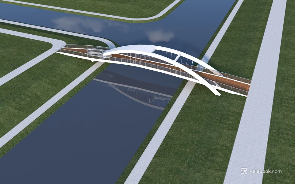 Modern Arch Bridge Over Water With Green Grass And Walkway Design 3d model 