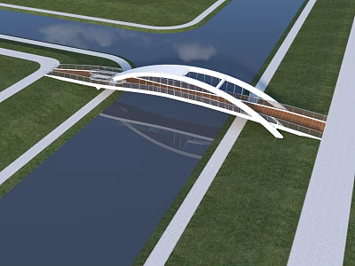 Modern Arch Bridge Over Water With Green Grass And Walkway Design 3d model