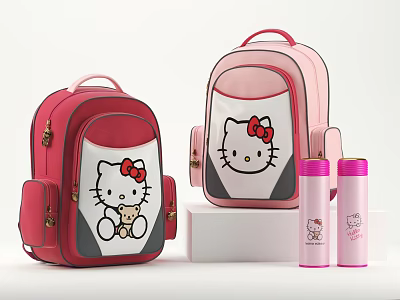 Hello Kitty Themed Red And Pink Backpacks With Matching Water Bottles 3d model
