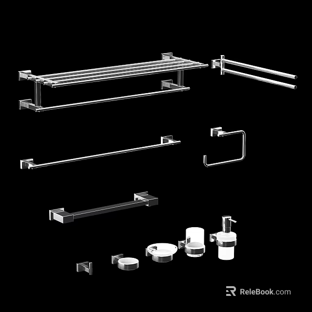Essential Bathroom Washing Accessories Including Towel Racks Soap Dish Cup Holder And Hooks 3d model 