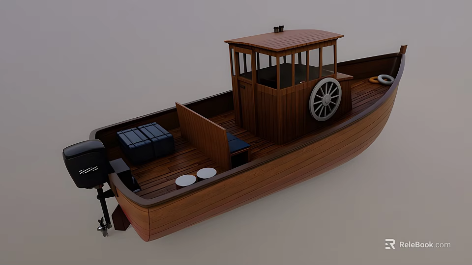 Wooden Yacht Featuring Cabin Wooden Deck Outboard Motor Blue Boxes White Plates And Steering Wheel 3d model 